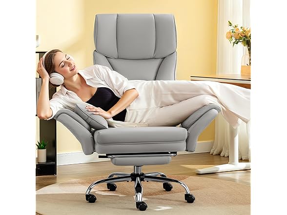 Big and Tall Office Chair, 400LBS Wide Leather Gaming Chair, High Back Executive Chair, Reversible Armrest for Pets 135° Reclining Cross Legged Desk Chair with Lumbar Support Footrest(Silver Gray) (Open Box)