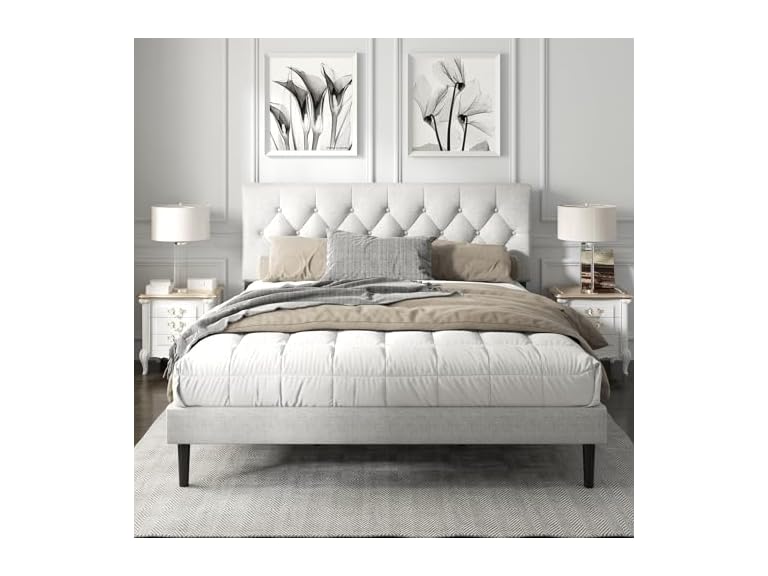 Platform Bed Frame, Tufted Headboard