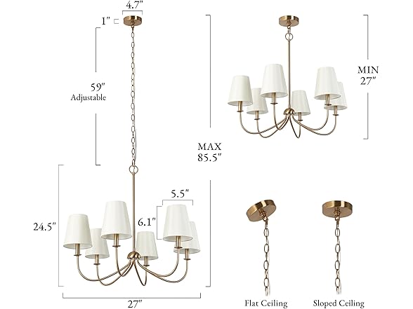 GEPOW Gold Chandelier with 6 Fabric White Shades
