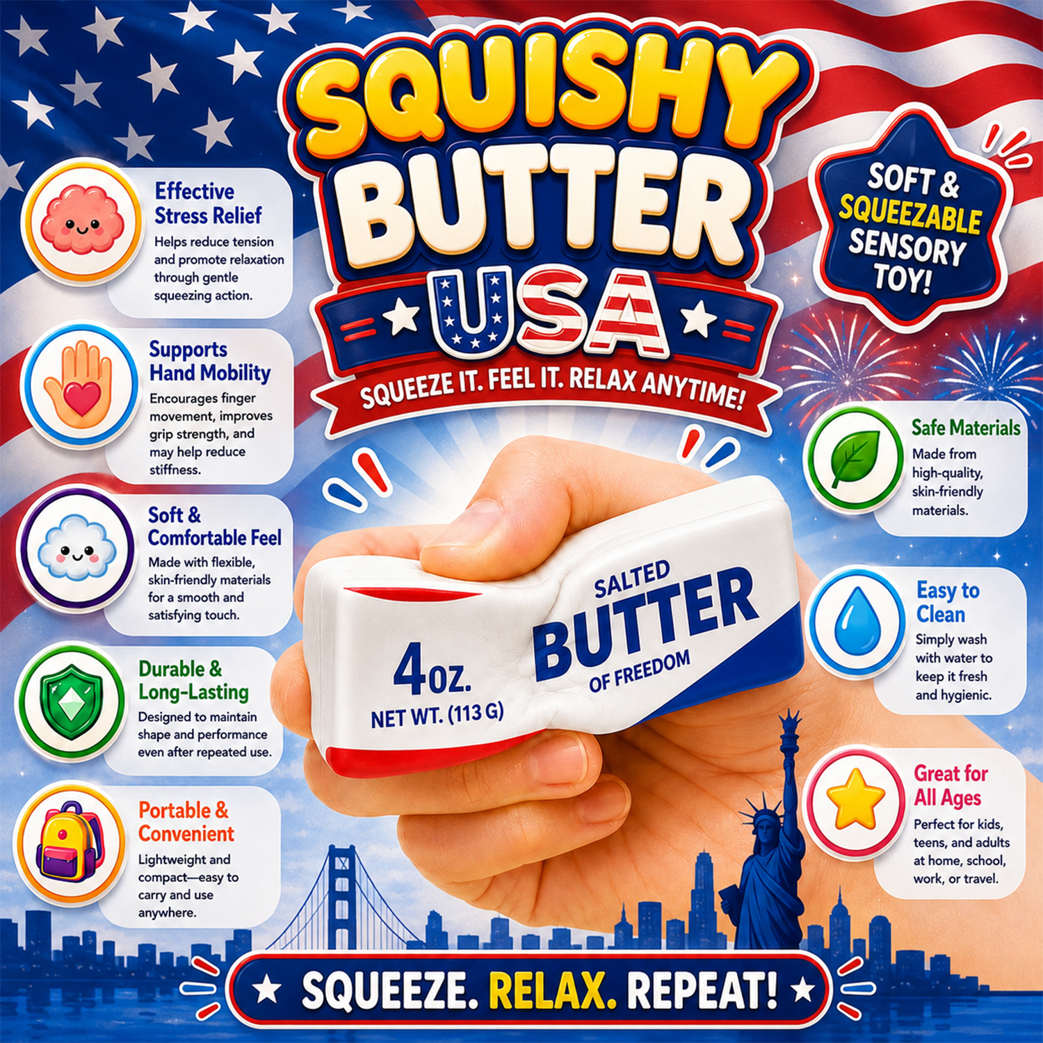 Twilight Squishy Sensory Toys Jumbo Butter USA, 3PK - Gallery 9