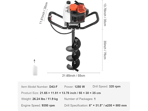 Post Hole Digger, 43cc 1250W Auger Post Hole