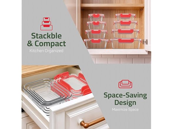  Glass Food Storage Containers with Lids 16 Pieces Red