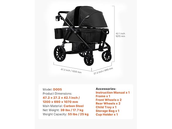 VEVOR Double Stroller, 2 Seats All-Terrain Wagon