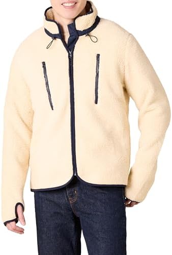 Amazon Essentials Men's Teddy Fleece Full-Zip Mock Neck Jacket with Chest Pockets, Beige, Large