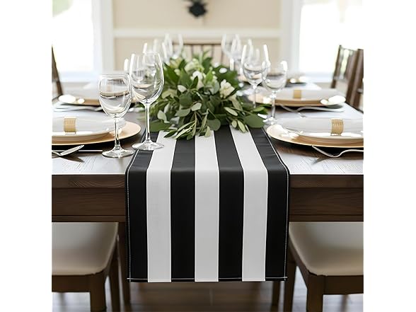 Black and White Table Runner (108 Inch Length) Striped