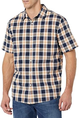 Amazon Essentials Short Sleeve Shirt for Men, Available in Big & Tall, Navy Peach Plaid, Medium