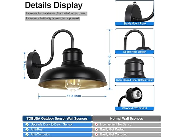 TOBUSA 2-Pack 11.5'' Black & Golden Wall Sconce