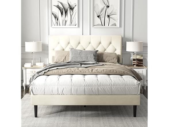 Platform Bed Frame, Tufted Headboard