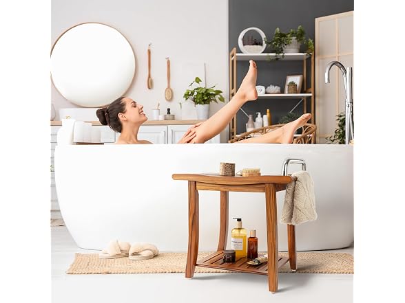 Teak Shower Bench with Shelf & Handles