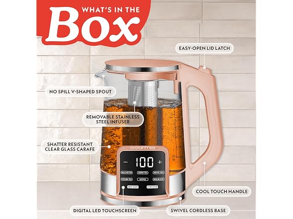Gourmia Electric Glass Kettle - 1.7L Peach