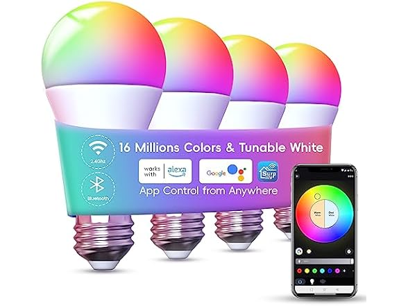 WiFi Smart LED Light Bulb - Color Changing, 4 Pack
