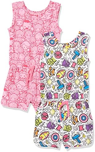 Amazon Essentials Disney | Marvel | Star Wars | Frozen | Princess Girls' Knit Sleeveless Rompers, Pack of 2, Festive Marvel - Kids, XX-Large
