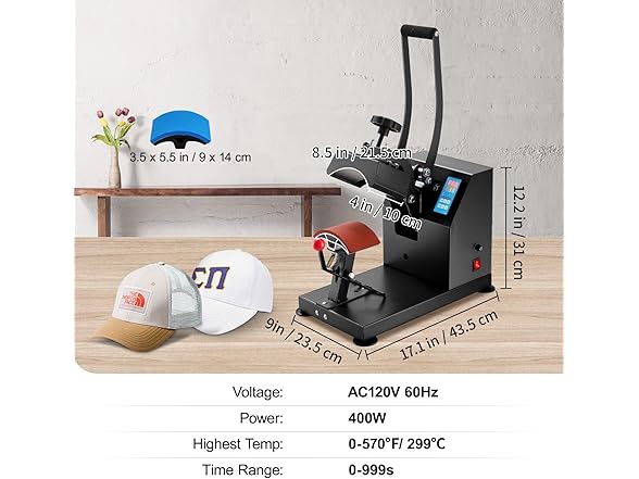 VEVOR Heat Press 6x3.75Inch Curved Element Hat Press Clamshell Design