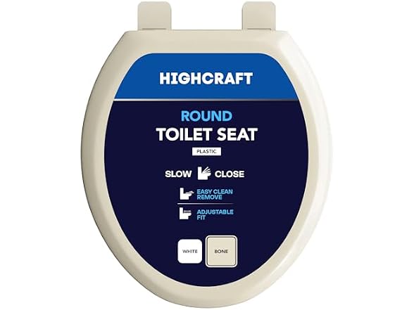 HIGHCRAFT Round Plastic Toilet Seat Slow Close, Bone