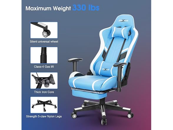 Massage Gaming Chair w/ Footrest, Blue
