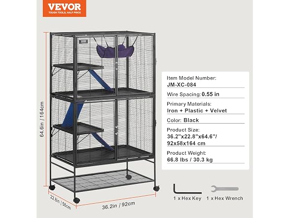 VEVOR 64.6" Rolling Metal Ferret Cage