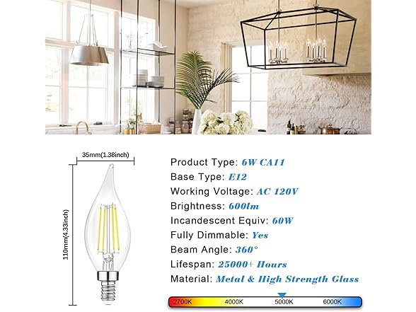 TOBUSA Dimmable E12 Candelabra LED Bulbs 6W 5000K