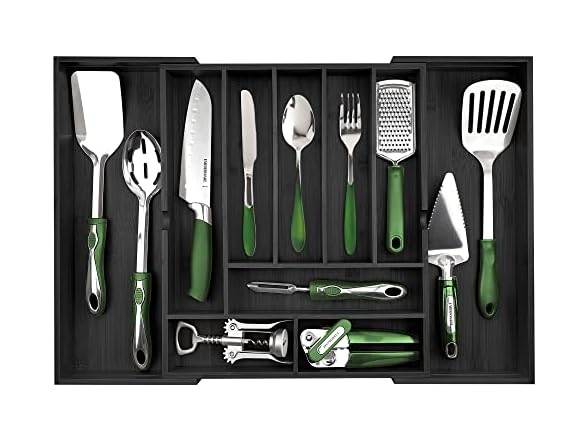 Expandable Kitchen Drawer Organizer up to 25 Inches Wide, 10 Slots - Black