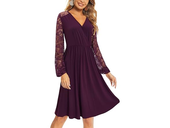Ouges Women (XL) Dress Lace Long Sleeve Midi Dress