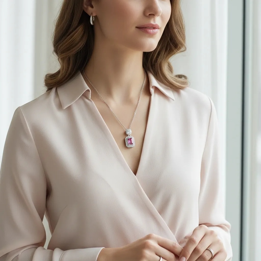 Pink Emerald Cut Diamond Halo Necklace - Gallery 6