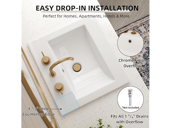 20"W x 18"D Drop In Bathroom Sink with Single Faucet Hole