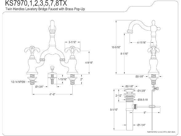 Kingston KS7970TX Bridge Bathroom Faucet w/ Pop-Up