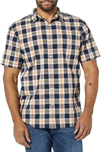Amazon Essentials Men's Slim-Fit Short-Sleeve Poplin Shirt, Navy Gold Plaid, Large