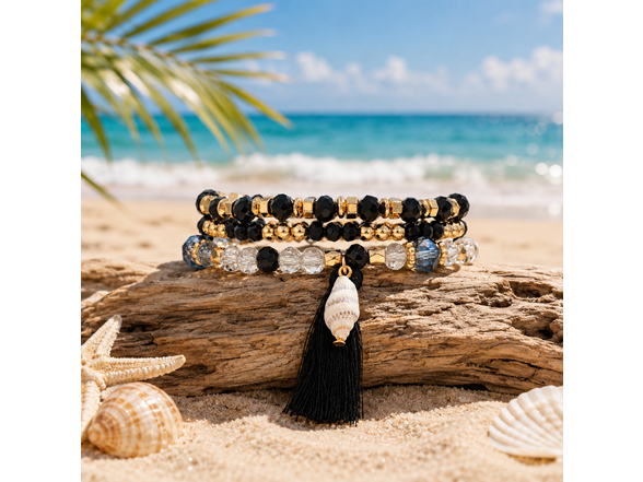 Stretch Beaded Bracelet Stack with Tassel & Shell Charm