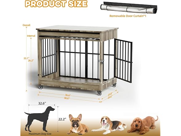 Dog Crate Furniture, Double Door Wooden Indoor Dog Kennel