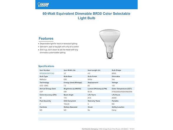 Feit Electric BR30 LED Light Bulb(2 Pack)