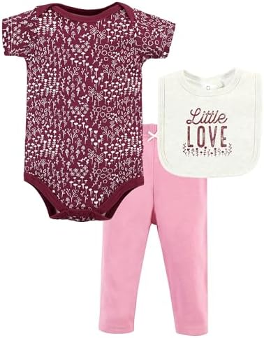 Hudson Baby Unisex Baby Cotton Bodysuit, Pant and Bib Set, Little Love Flowers, 3-6 Months