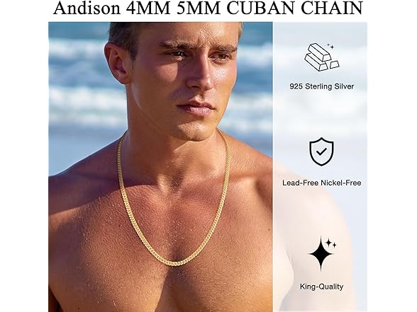 Andsion Solid 14k Gold Necklace Cuban 20In