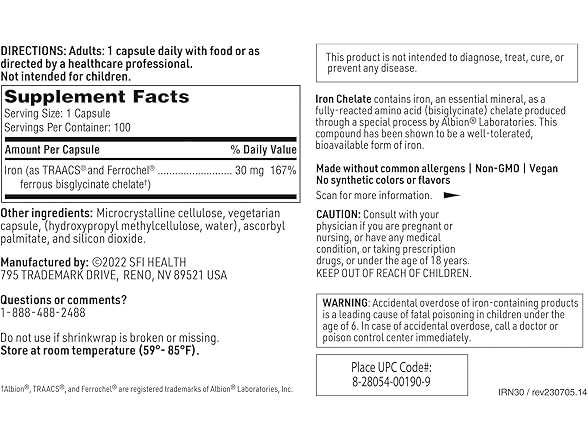 Klaire Labs Iron Bisglycinate Chelate - 30mg (100 Cap)