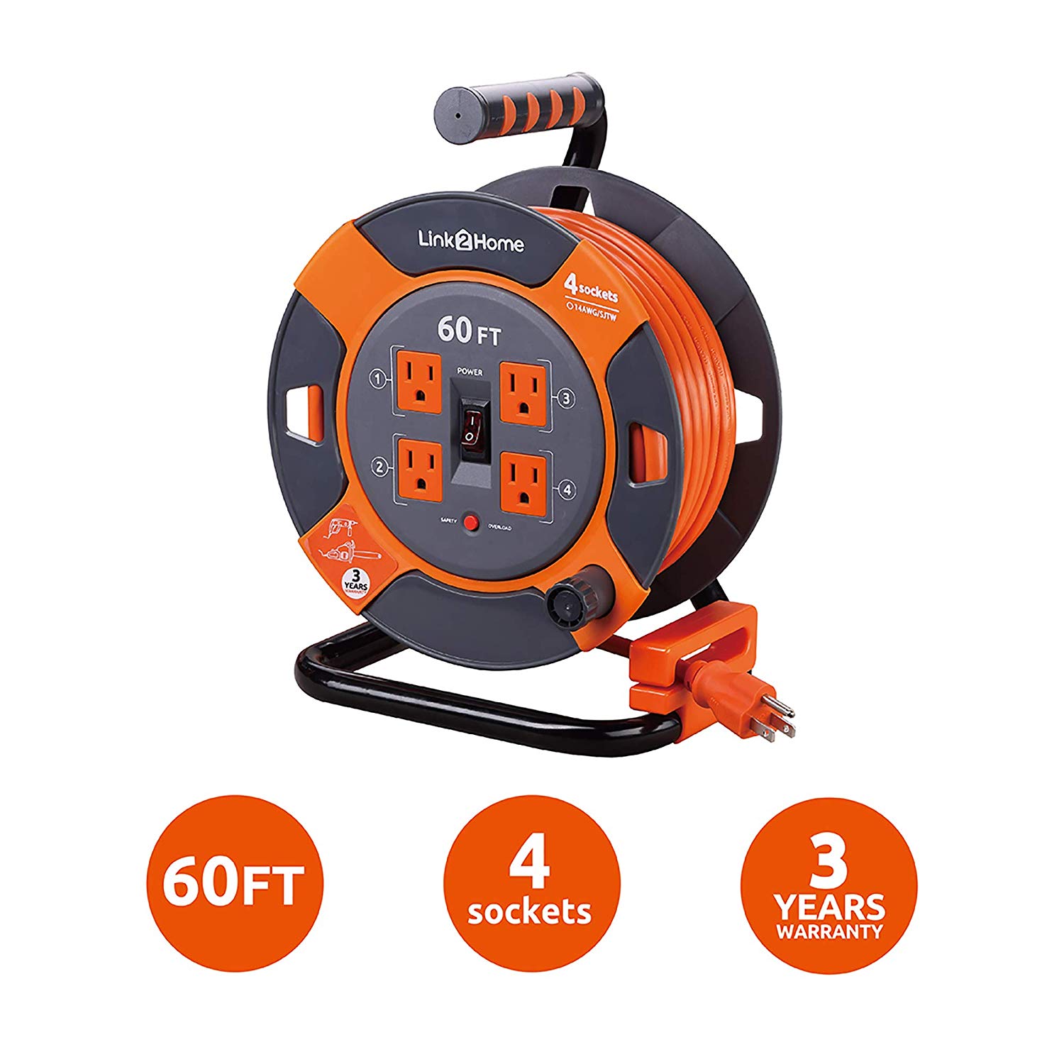 Link 2 Home 60' Extension Cord Reel, 4 Outlets, 14 AWG - Gallery 6