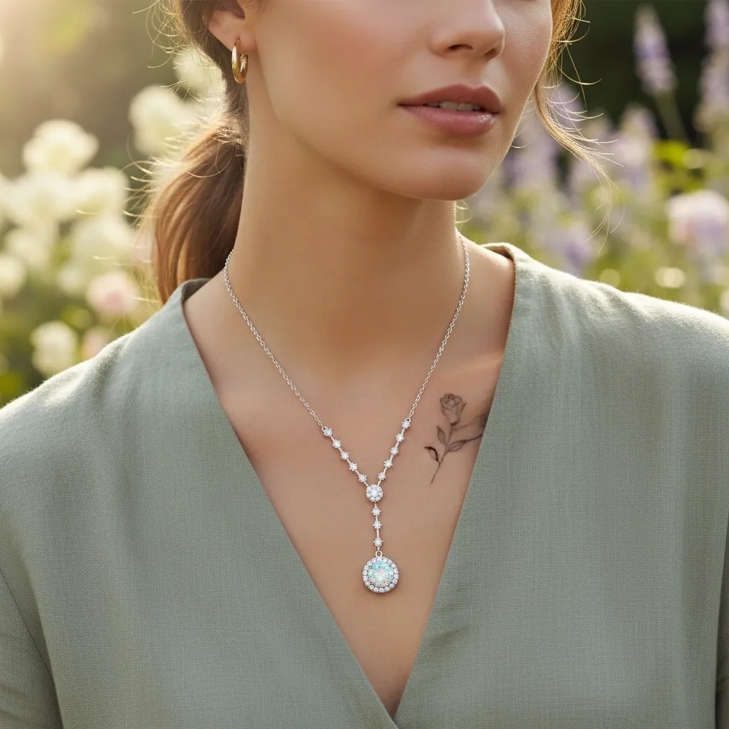Moissanite Rainbow Halo Necklace - Gallery 8