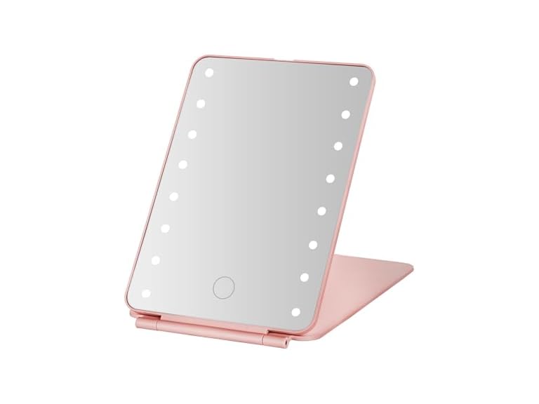Elements Folding LED Vanity Mirror, Dimmable LED Lights, Rose Gold, 7.83x5.31x0.51 Inch