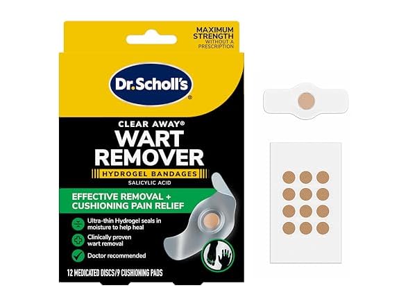 Dr. Scholl’s Clear Away Wart Remover Hydrogel Bandages for Fingers and Toes - Clinically Proven Effective Wart Removal and Cushioning Pain Relief, Comfortable Multi-Day Coverage Patches