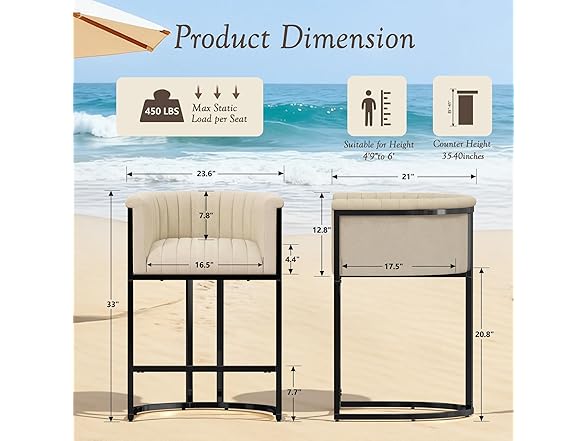 Mearounliving 26" H Counter Height Bar Stools Set of 3, Modern Barrel Counter Stools with Backrest and Arms, Linen Fabric Upholstered Accent Barstools for Kitchen Island, Black Metal Frame/Sand Linen (Open Box)
