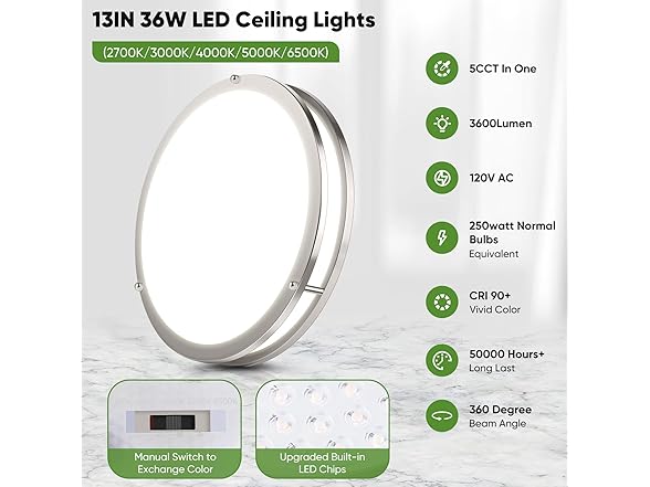 36W LED Ceiling Light, 2 Pack, Nickle, 13"