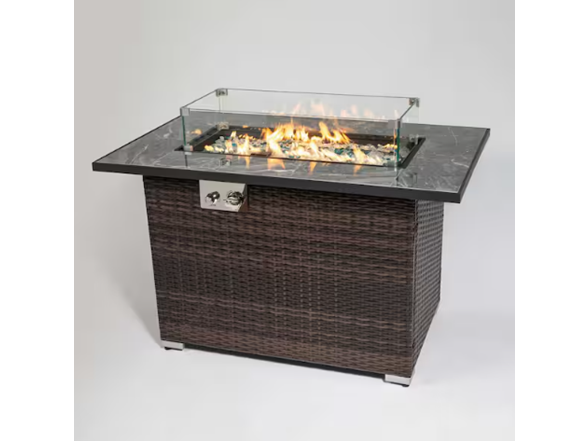 44" Rattan Fire Table w/ Ceramic Top + Cover