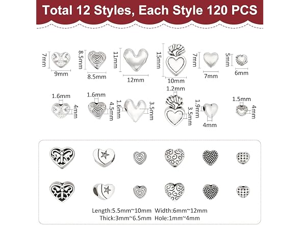 UNICRAFTALE 120Pcs 12 Styles Tibetan Heart Beads