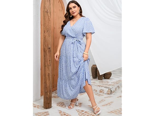 KOJOOIN Womens Wrap Maxi Dress Blue Dot (2XL)