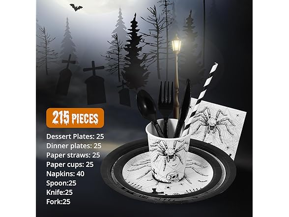 Halloween 215 Pcs Paper Plates, Napkins and Disposable Cutlery Set