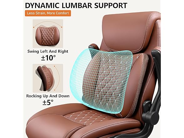 Office Chair, Ergonomic Desk Chair with Lumbar Support for Lower Back Pain Relief, Executive Leather Chair with Padded Flip-up Armrests and Wheels, Brown (Open Box)