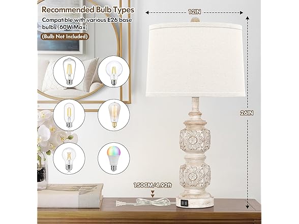 VerRon Carved Floral Lamps with USB Ports