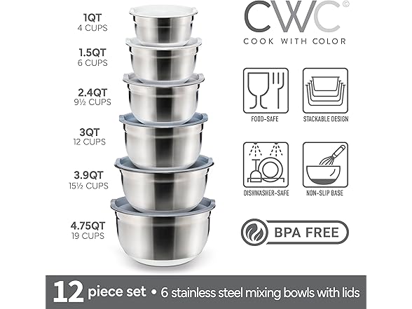 12 Pc Mixing Bowls with Lids Gray