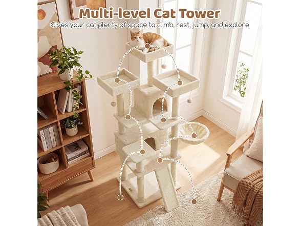 DORTALA Multi-Level Cat Tree, 65" Tall Cat Tower Beige