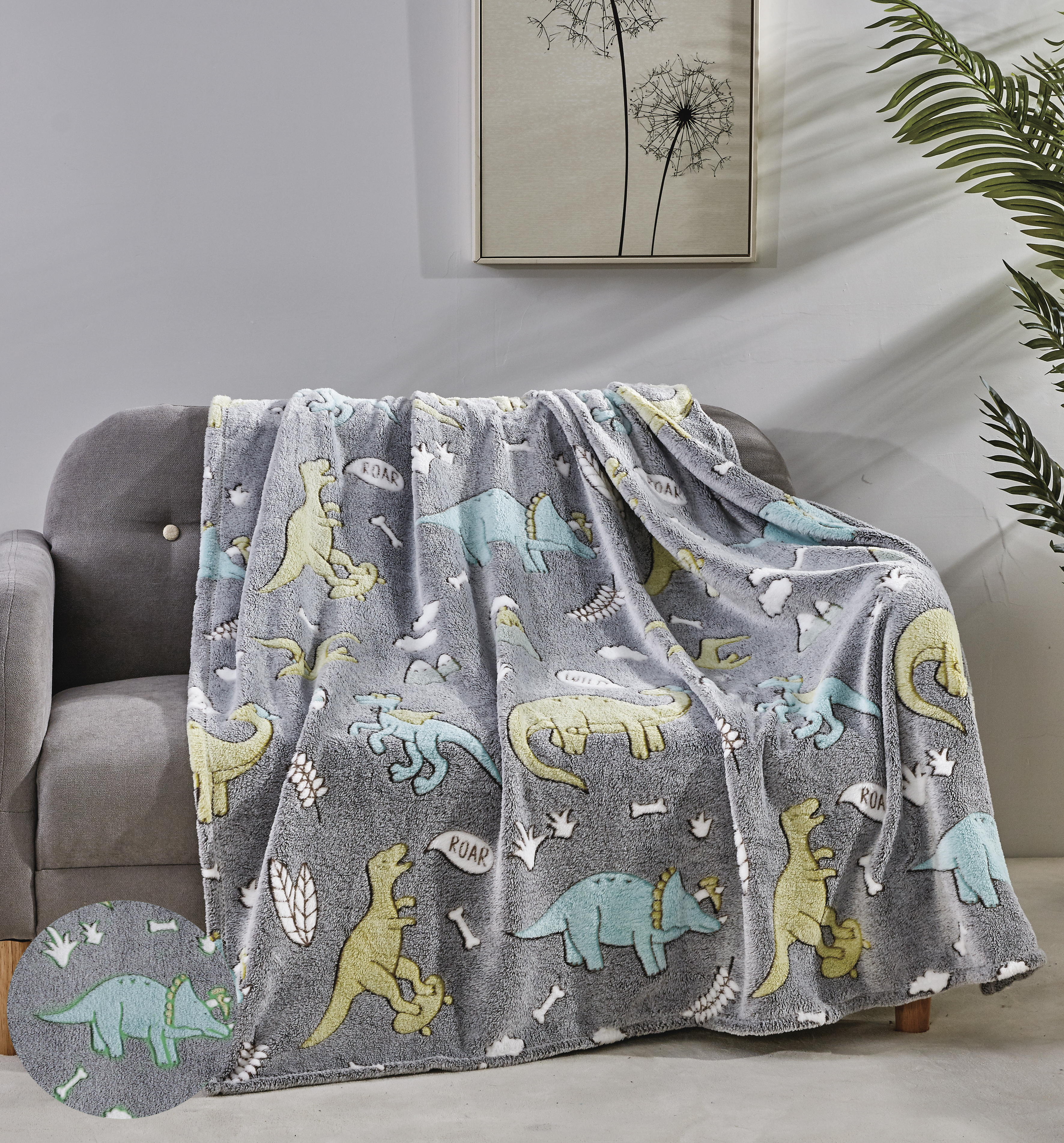 2Pk Glow In The Dark Throw Grey Dino Friends - Gallery 5