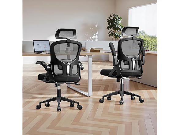 FINATI Ergonomic Office Chair, Mesh Desk Chair with Adjustable Headrest & Lumbar Support, Rolling Computer Chair with Flip-up Armrests, Comfy Swivel Home Office Chair for Long Hours - Black (Open Box)