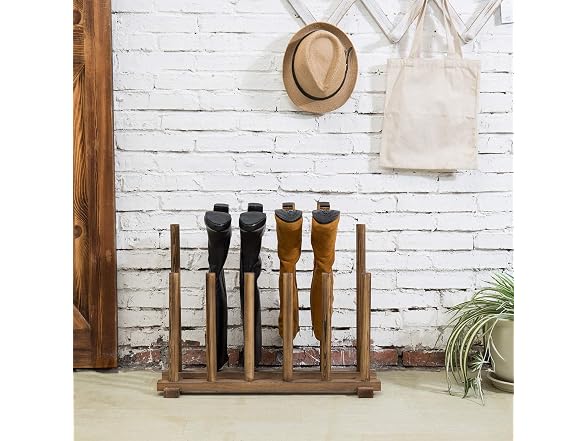 MyGift Rustic Burnt Brown Solid Wood Floor Standing Boot Holder Rack